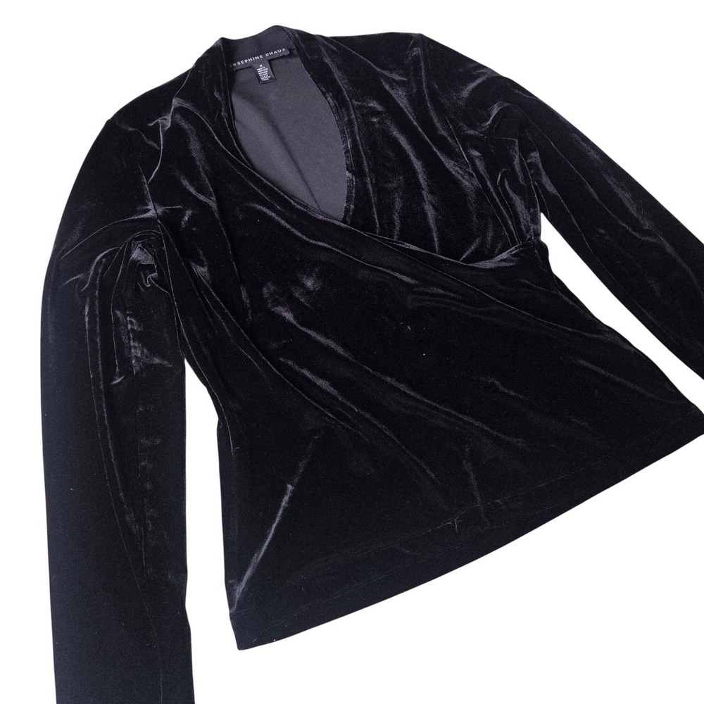 VTG Josephine Chaus Black Velvet Wrap Top 90s Goth Dark Academia Minimalist Med